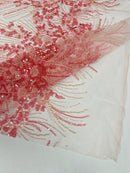 Beaded Floral Line Fabric - Pink  - Beaded Embroidered Lines and Flowers on Mesh By Yard