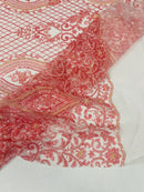 Bead Fashion Damask Fabric - Pink - Beaded Sequins Geometric Design on Mesh Sold By Yard