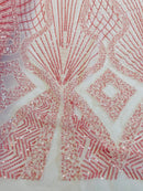 Beaded Diamond Design Fabric - Pink - Beaded Embroidered Diamond Zig Zag Design on Mesh By Yard