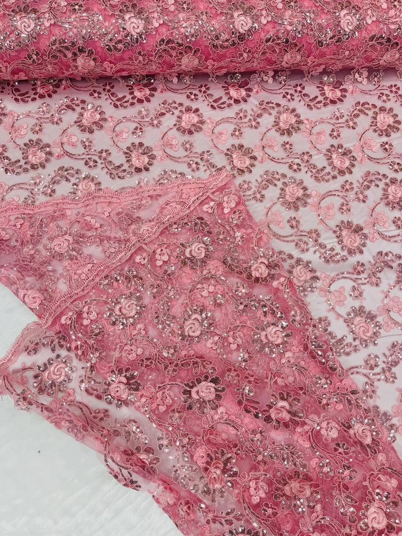 Corded Sequins Flower Lace - Pink - Corded Floral Lace With Sequins Sold By Yard