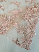 Floral Plant Lace Fabric - Pink - Flower Plant Design Lace Sequins Fabric Sold By Yard