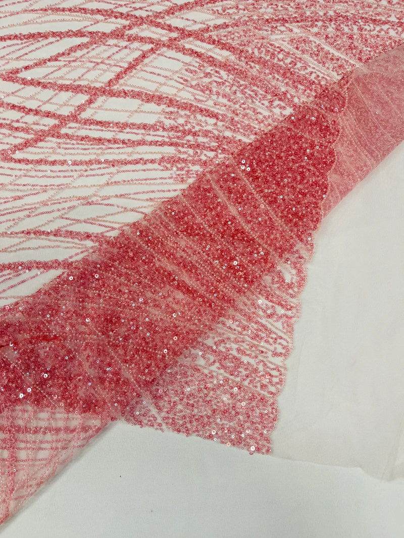 Wavy Grass Design Fabric - Pink - Beautiful Beaded Fabric Design Embroidered on a Mesh Lace Sold By The Yard