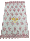 Floral Beaded Fabric - Pink - Embroidered Beaded Flowers Cluster Design on a Mesh Sold By Yard