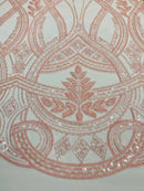 Wavy Design Fabric with Leaves - Pink - Elegant Beaded Design Embroidered on a Mesh Sold By Yard