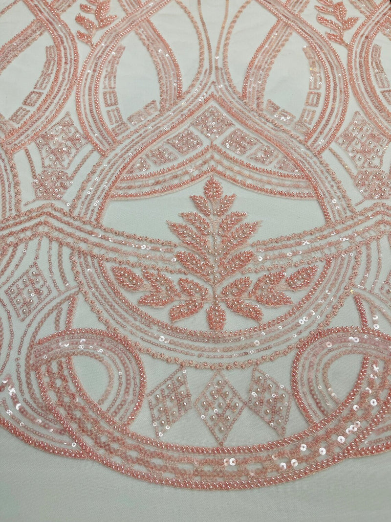 Wavy Design Fabric with Leaves - Pink - Elegant Beaded Design Embroidered on a Mesh Sold By Yard