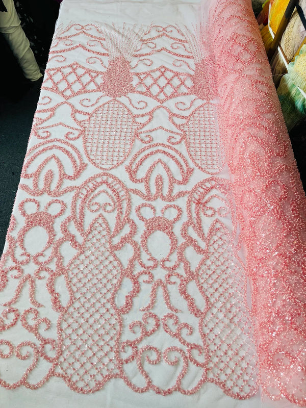 Beaded Fashion Design Fabric - Pink - Beaded Embroidered Damask Style Fabric on Mesh By Yard