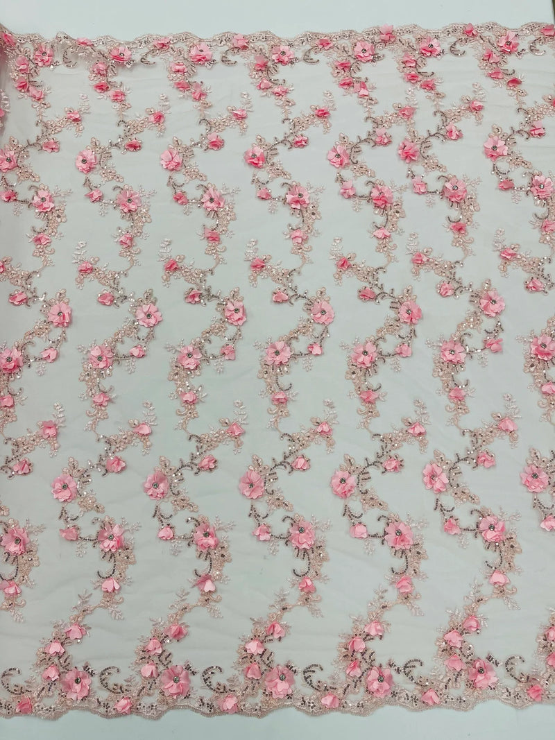 3D Lace Flower Fabric - Pink - Embroidered Sequins and 3D Floral Patterns on Lace By Yard