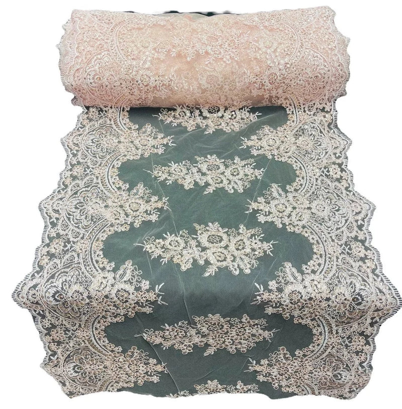 21" Floral Lace Metallic Design Table Runner - Pink - Floral Runner for Event Decor Sold By The Yard