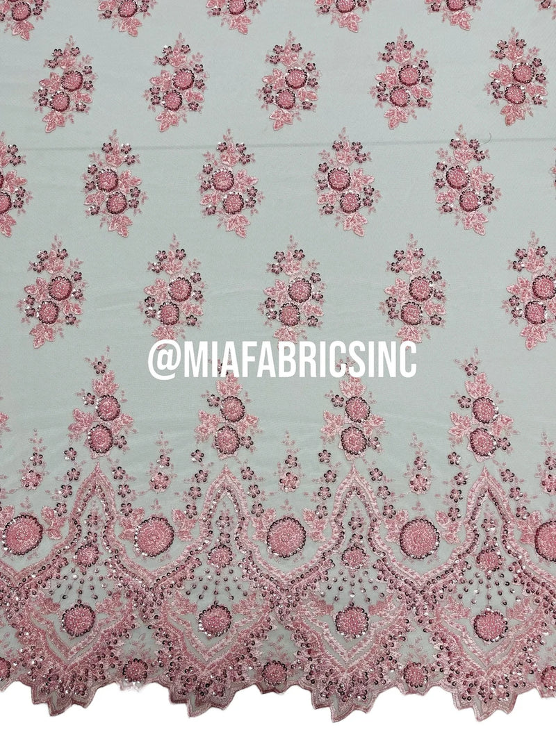 Round Flower Beaded Fabric - Pink - Embroidered Fashion Design Beads and Sequins On Mesh by The Yard