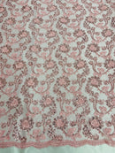Corded Sequins Flower Lace - Pink - Corded Floral Lace With Sequins Sold By Yard