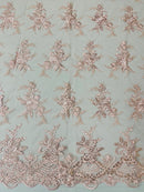 Floral Plant Lace Fabric - Pink - Flower Plant Design Lace Sequins Fabric Sold By Yard