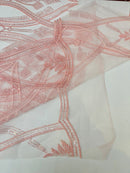 Wavy Design Fabric with Leaves - Pink - Elegant Beaded Design Embroidered on a Mesh Sold By Yard