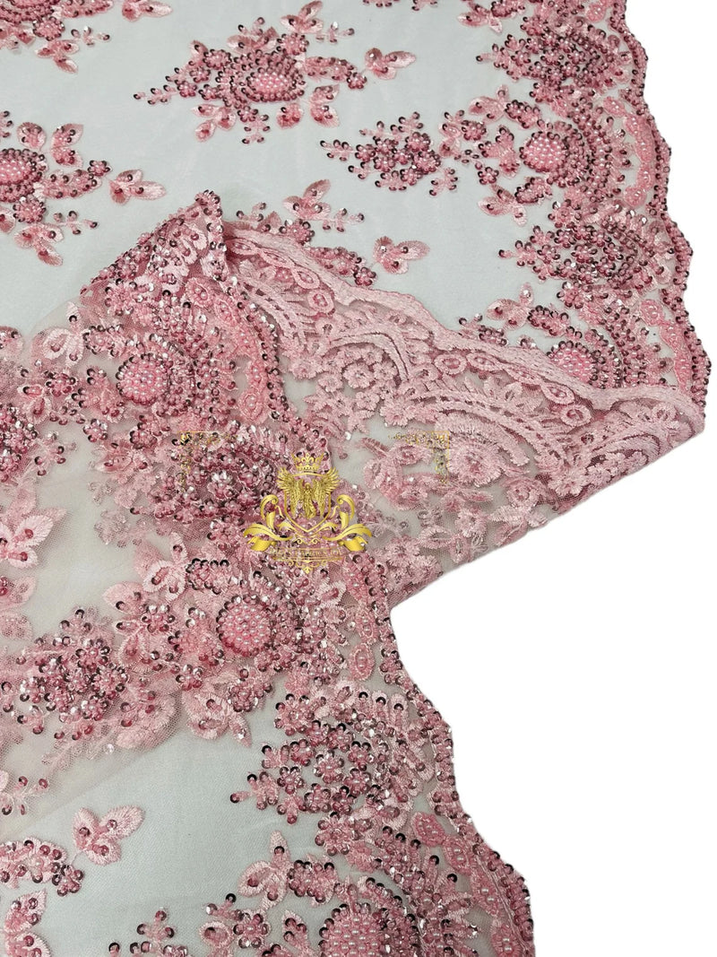 Floral Beaded Fabric - Pink - Embroidered Beaded Flowers Cluster Design on a Mesh Sold By Yard