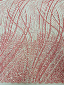 Wavy Grass Design Fabric - Pink - Beautiful Beaded Fabric Design Embroidered on a Mesh Lace Sold By The Yard