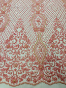 Bead Fashion Damask Fabric - Pink - Beaded Sequins Geometric Design on Mesh Sold By Yard