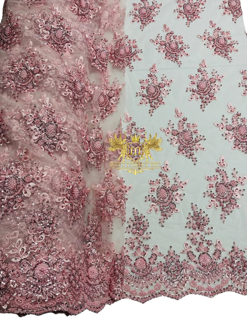 Floral Beaded Fabric - Pink - Embroidered Beaded Flowers Cluster Design on a Mesh Sold By Yard