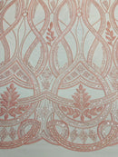 Wavy Design Fabric with Leaves - Pink - Elegant Beaded Design Embroidered on a Mesh Sold By Yard