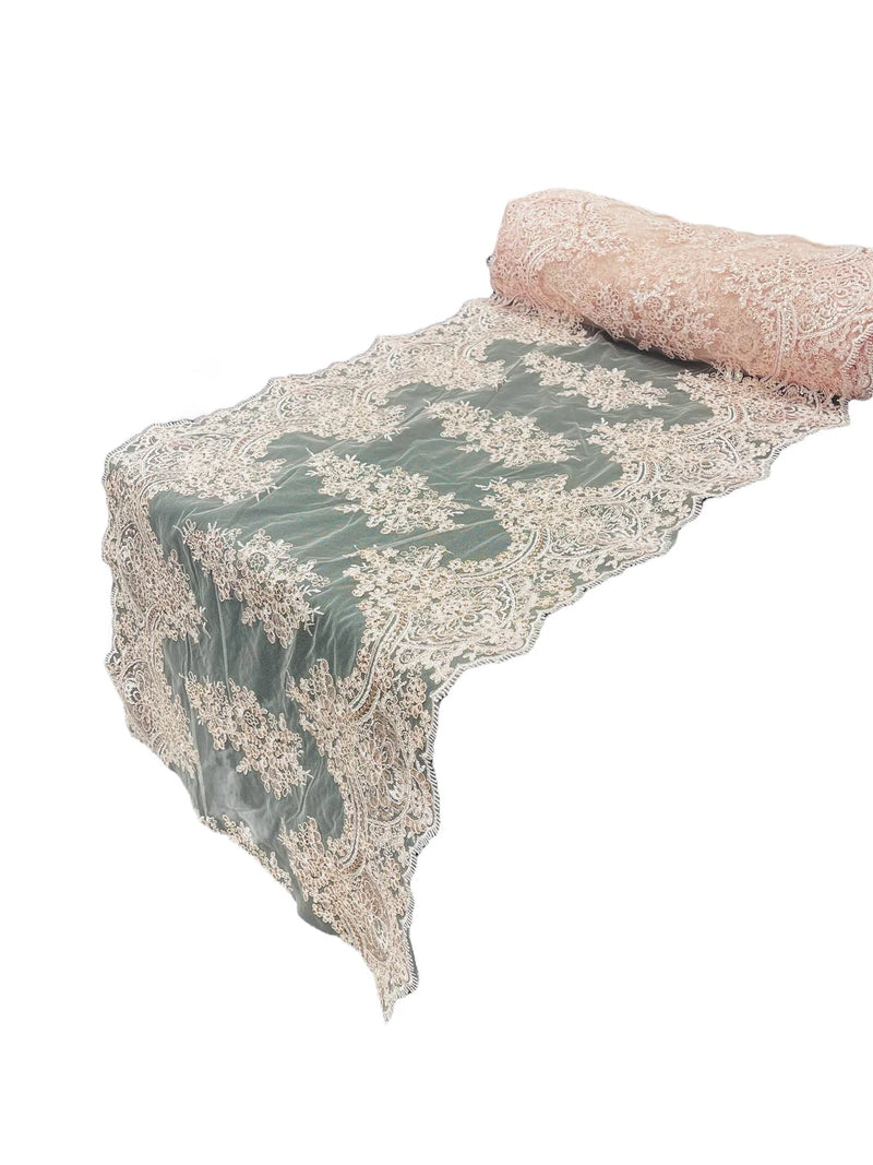 21" Floral Lace Metallic Design Table Runner - Pink - Floral Runner for Event Decor Sold By The Yard