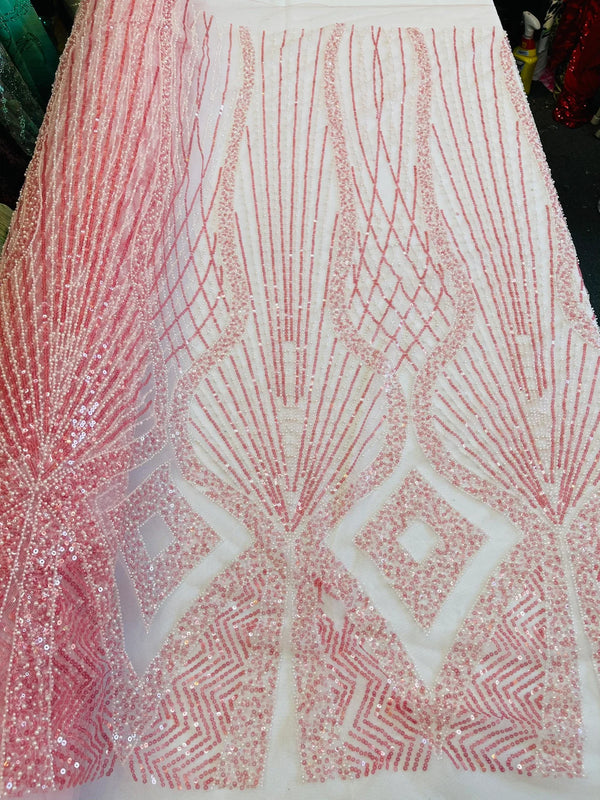 Beaded Diamond Design Fabric - Pink - Beaded Embroidered Diamond Zig Zag Design on Mesh By Yard