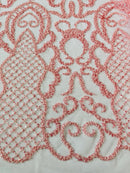 Beaded Fashion Design Fabric - Pink - Beaded Embroidered Damask Style Fabric on Mesh By Yard