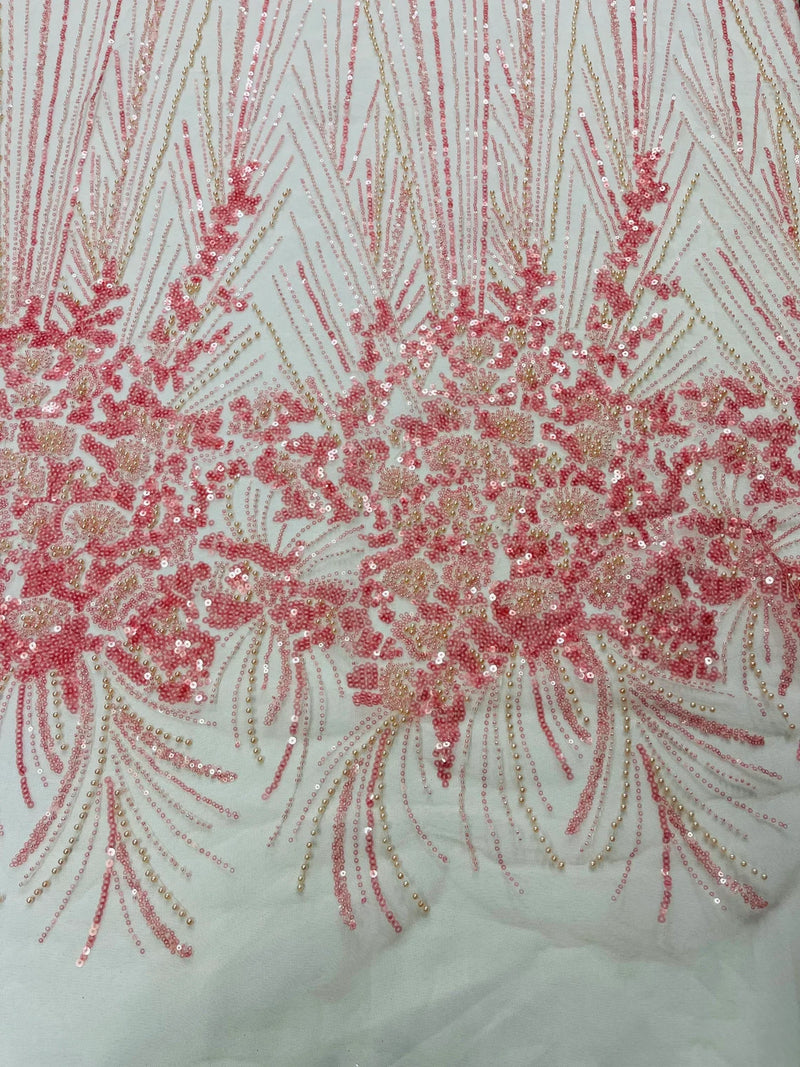 Beaded Floral Line Fabric - Pink  - Beaded Embroidered Lines and Flowers on Mesh By Yard