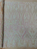 Big Damask Sequins Fabric - Pink Iridescent on Nude - 4 Way Stretch Damask Sequins Design Fabric By Yard