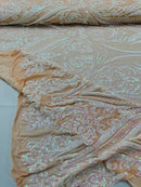 Big Damask Sequins Fabric - Pink Iridescent on Nude - 4 Way Stretch Damask Sequins Design Fabric By Yard