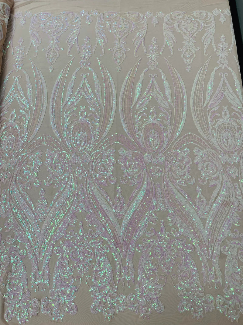Big Damask Sequins Fabric - Pink Iridescent on Nude - 4 Way Stretch Damask Sequins Design Fabric By Yard