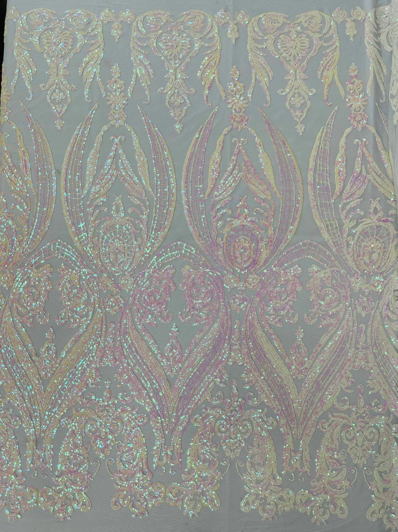 Big Damask Sequins Fabric - Pink Iridescent on White - 4 Way Stretch Damask Sequins Design Fabric By Yard
