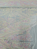 Big Damask Sequins Fabric - Pink Iridescent on White - 4 Way Stretch Damask Sequins Design Fabric By Yard