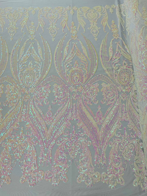 Big Damask Sequins Fabric - Pink Iridescent on White - 4 Way Stretch Damask Sequins Design Fabric By Yard