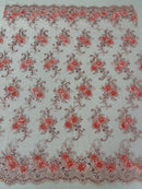 Flower Lace Fabric - Pink with Peach Flower - Embroidered Roses With Sequins on a Mesh Lace Fabric By Yard