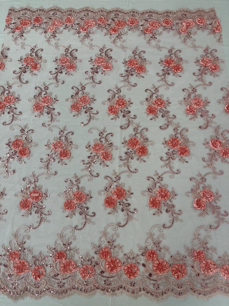 Flower Lace Fabric - Pink with Peach Flower - Embroidered Roses With Sequins on a Mesh Lace Fabric By Yard
