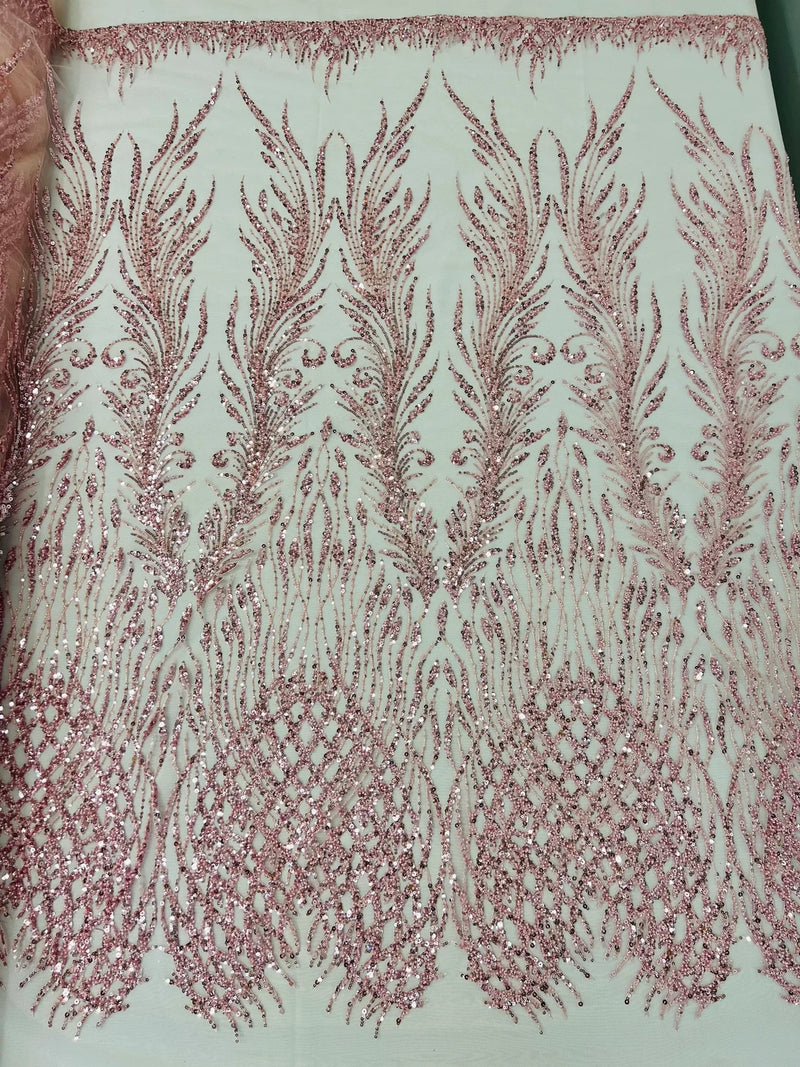 Heart & Feather Pattern Fabric - Pink - Embroidered Elegant Design with Beads Mesh Fabric Sold By Yard