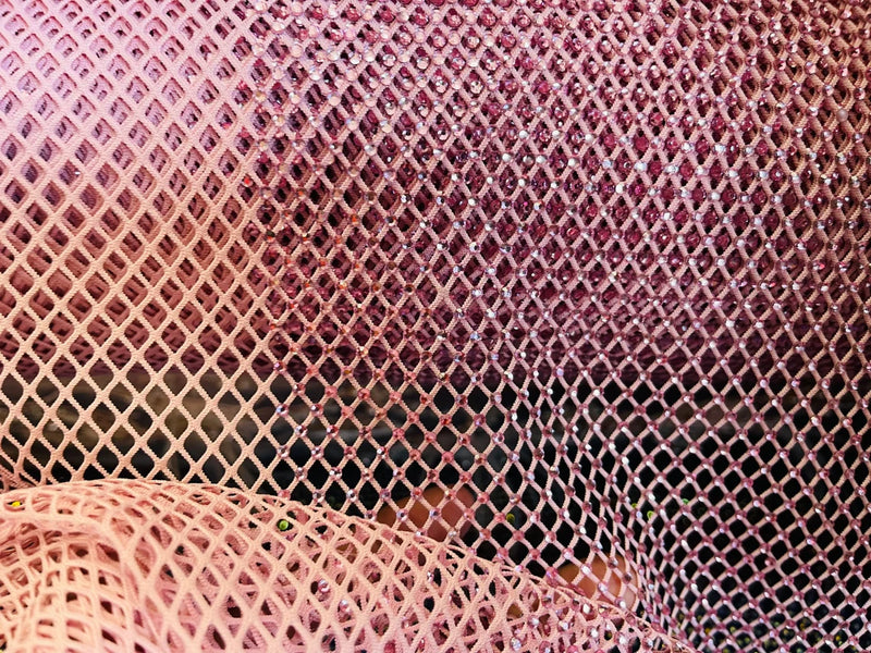 Fish Net Spandex Rhinestone Fabric - Pink - Solid Spandex Fish Net Design Fabric with Rhinestones by Yard