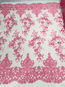 Damask Lace - Floral Damask Design Embroidered on Mesh Lace Fabric - 25 Yard Roll