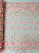 3D Floral Pearl Fabric - Pink - 3D Triangle Flower Design on Mesh By Yard