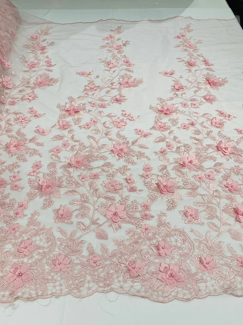 3D Pearl Floral Fabric - Floral Design Embroidered on Mesh Lace Fabric - 25 Yard Roll