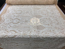 Sequins - White on Dark Nude Mesh - 4 Way Stretch Fancy Fabric Embroidered On Mesh Sold By The Yard