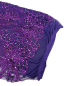 Elegant Floral Leaf Design - Plum - 4 Way Stretch Sequins Lace Spandex Fabric By Yard