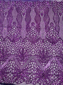 Elegant Floral Leaf Design - Plum - 4 Way Stretch Sequins Lace Spandex Fabric By Yard