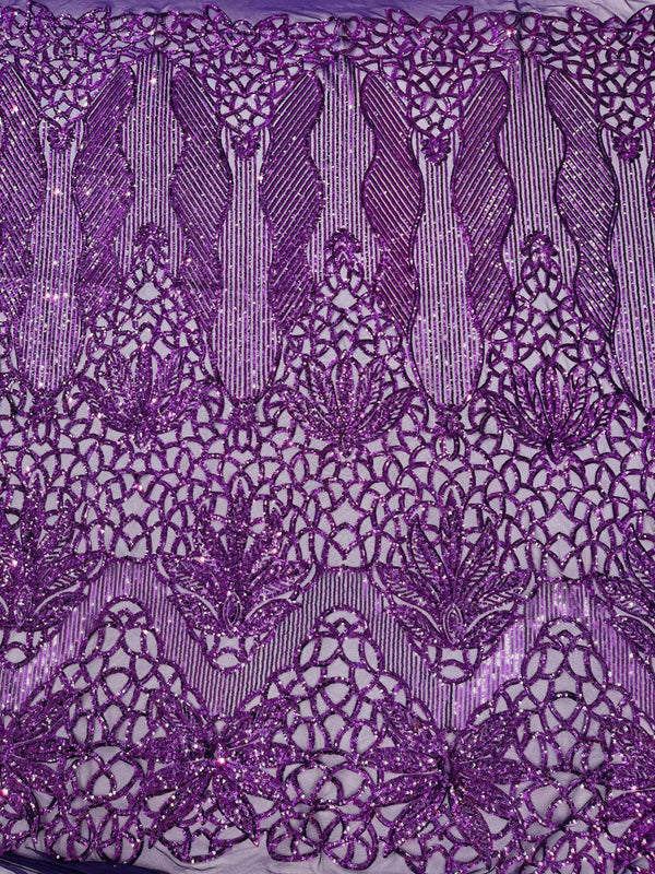 Elegant Floral Leaf Design - Plum - 4 Way Stretch Sequins Lace Spandex Fabric By Yard