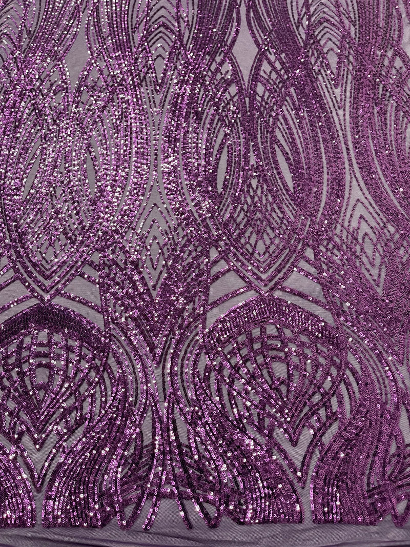 Long Wavy Pattern Sequins - Plum - 4 Way Stretch Sequins Fabric Line Design By Yard