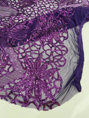 Elegant Floral Leaf Design - Plum - 4 Way Stretch Sequins Lace Spandex Fabric By Yard