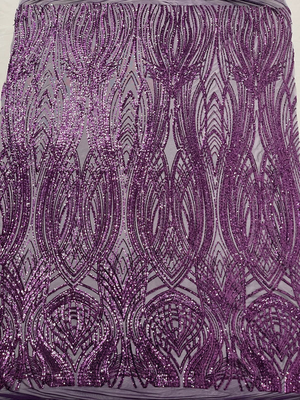 Long Wavy Pattern Sequins - Plum - 4 Way Stretch Sequins Fabric Line Design By Yard
