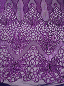 Elegant Floral Leaf Design - Plum - 4 Way Stretch Sequins Lace Spandex Fabric By Yard