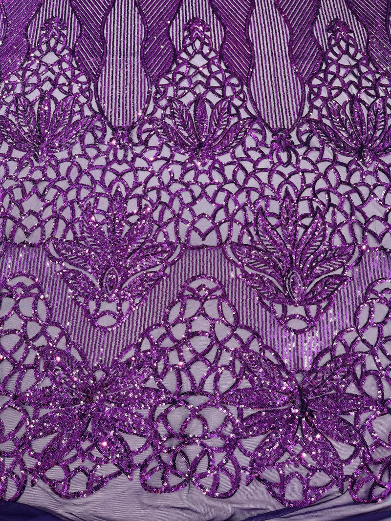 Elegant Floral Leaf Design - Plum - 4 Way Stretch Sequins Lace Spandex Fabric By Yard