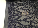 4 Way Stretch - Navy - Sequins Damask Design Fabric Embroidered On Mesh Sold By The Yard