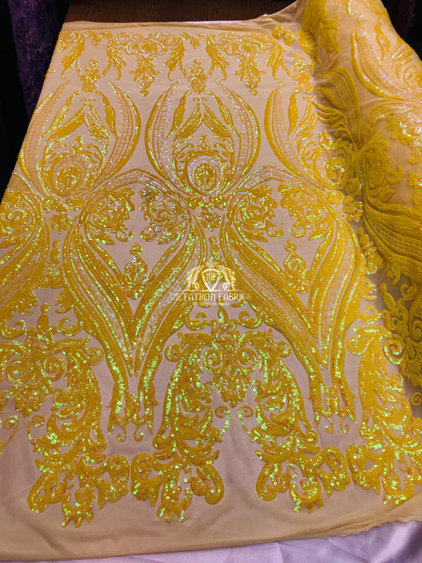 Big Damask Sequins Fabric - Yellow - 4 Way Stretch Damask Sequins Design Fabric By Yard