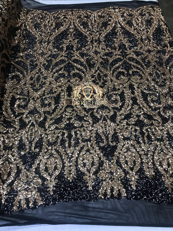 Two Tone Sequins - Black / Gold - 4 Way Stretch Fancy Design Mesh Fabric Sold By The Yard